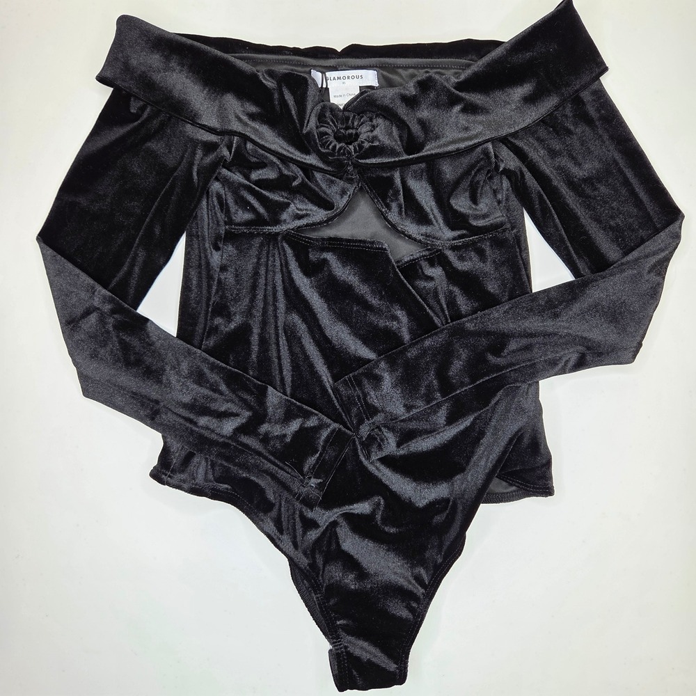 Glamorous Black Velvet Off Shoulder Bodysuit Long Sleeve Cutout‎ Womens XS
